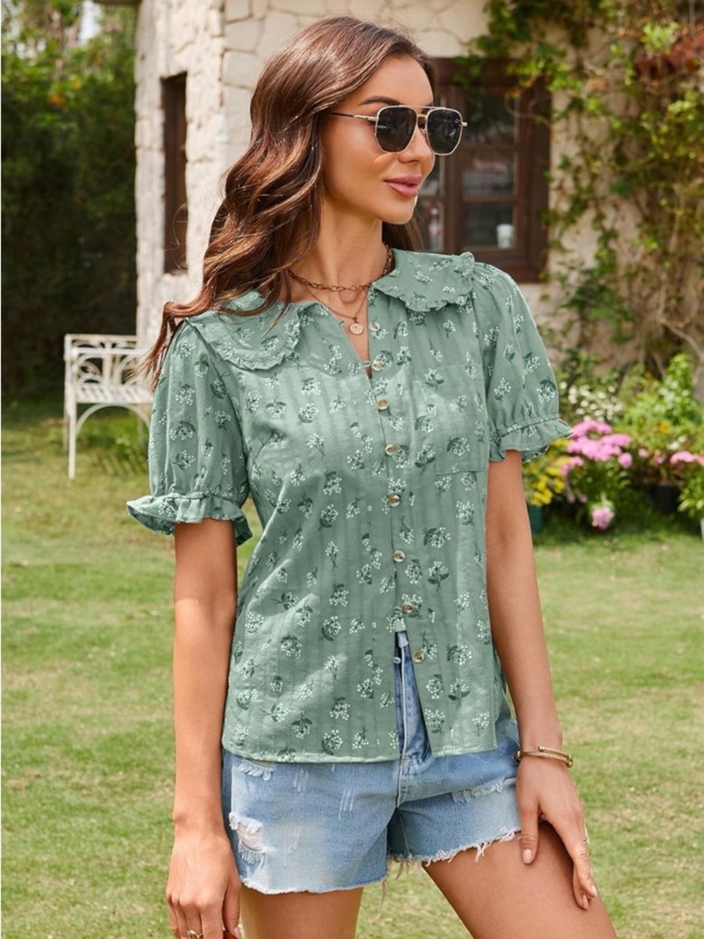 Ecowish Sage Green Floral Puff-Sleeve Button Front Blouse - Picture 14 of 16